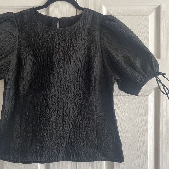 J Crew Collection Black Crepe Floral Textured Balloon Sleeve Small Old Money - Picture 2 of 9